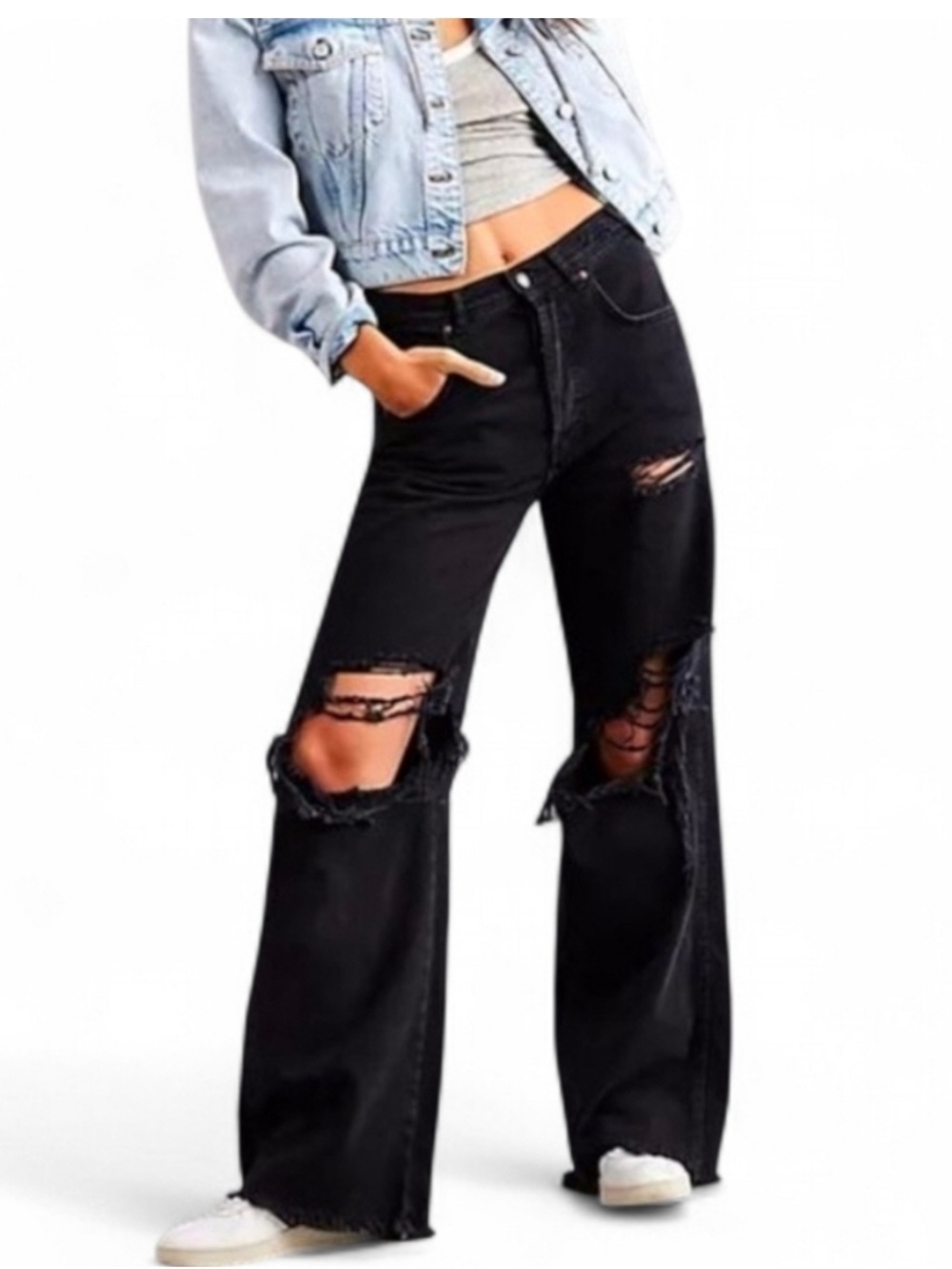 We The Free Ollie Extreme Wide Leg Distressed Black Jeans 31 NWOT